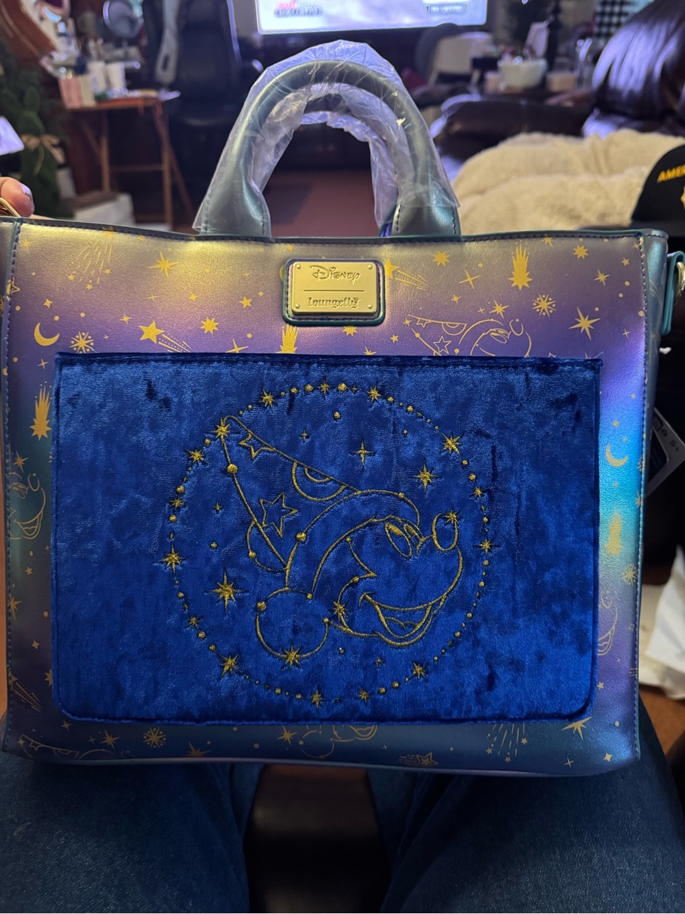 Loungefly Iridescent Blue-Purple Sorcerer Mickey Velvet Satchel